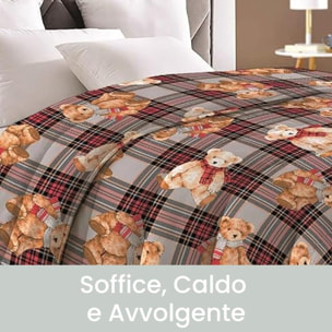 INTRECCI Piumino Singolo, 170 x 260 cm, Piumino Ecologico, Caldo, Invernale, 300 g/m², Anallergico e Antiacaro, Made in Italy, Lavabile in Lavatrice, Soffice, Morbido. Fantasia: Tartan Orsetti