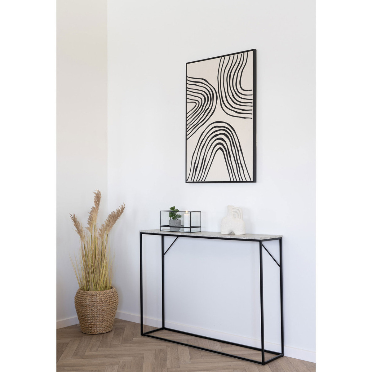 Consolle Vita effetto travertino con ripiano e telaio in metallo nero 110x26x80 cm