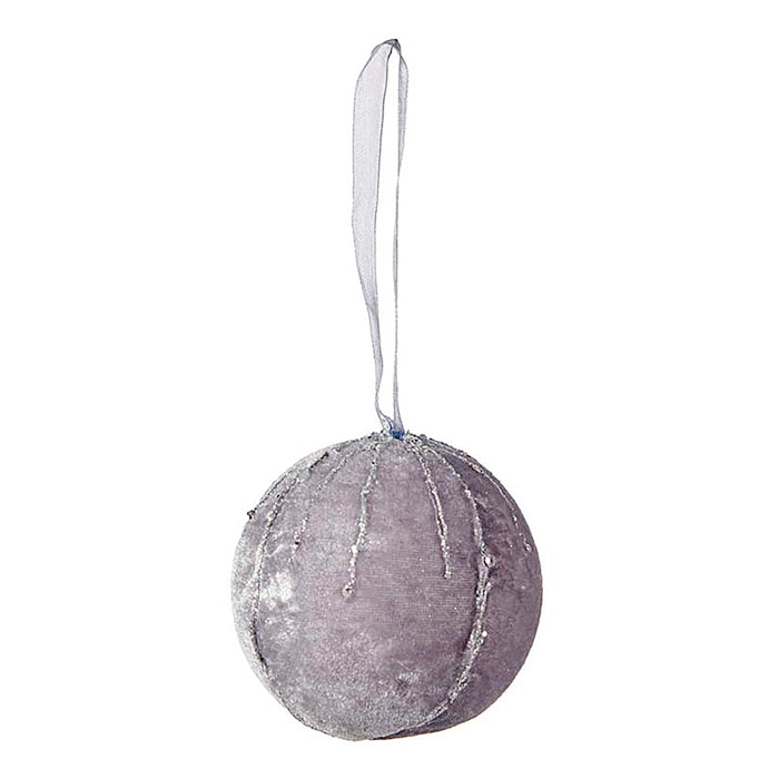 Set de 4 bolas decorativas de terciopelo en color plata con detalles de cristal. Diámetro 8cm.