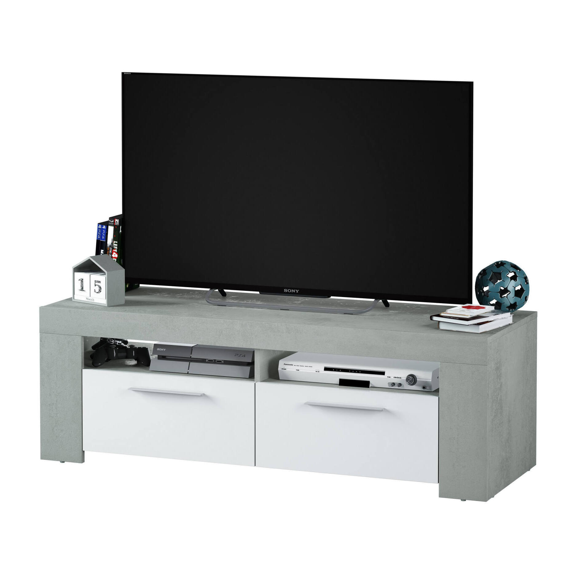 Mobile porta TV Stamford, Credenza per televisione da soggiorno, Supporto TV a 2 ante, Credenza bassa da salotto, cm 120x42h40, Bianco e Cemento