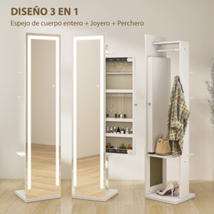 Espejo Joyero con Luces LED, Armario para Joyas, Armario Joyero con Espejo Entero, Perchero, Giratorio de 360°, Estantes Abiertos, Barras para Colgar, Blanco