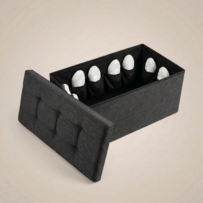 Pouf contenitore imbottito in tessuto con seduta lunga, panca multifunzione con spazio interno, ideale come poggiapiedi, seduta o contenitore, pratico e versatile per soggiorno, camera o ingresso, facile da pulire, dimensioni 76x34x34 cm