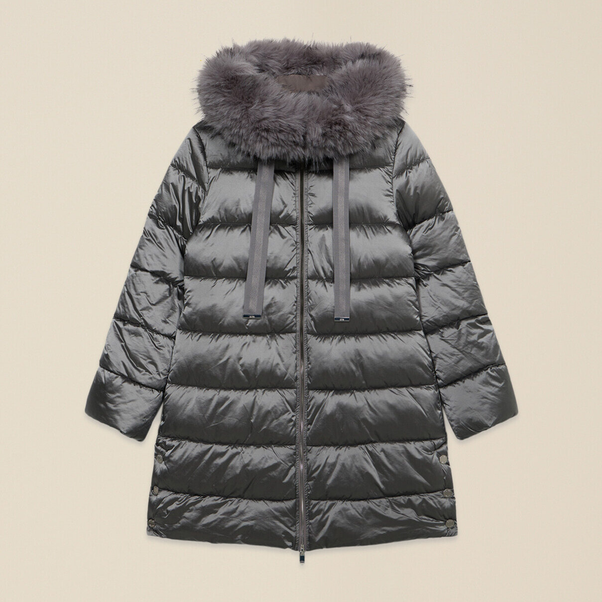 Oltre - Piumino midi con cappuccio e bordo peloso - Grigio