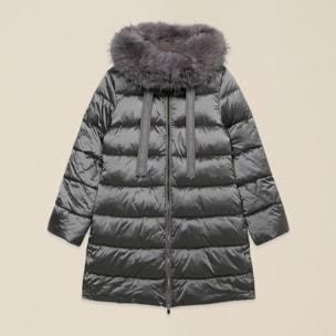 Oltre - Piumino midi con cappuccio e bordo peloso - Grigio