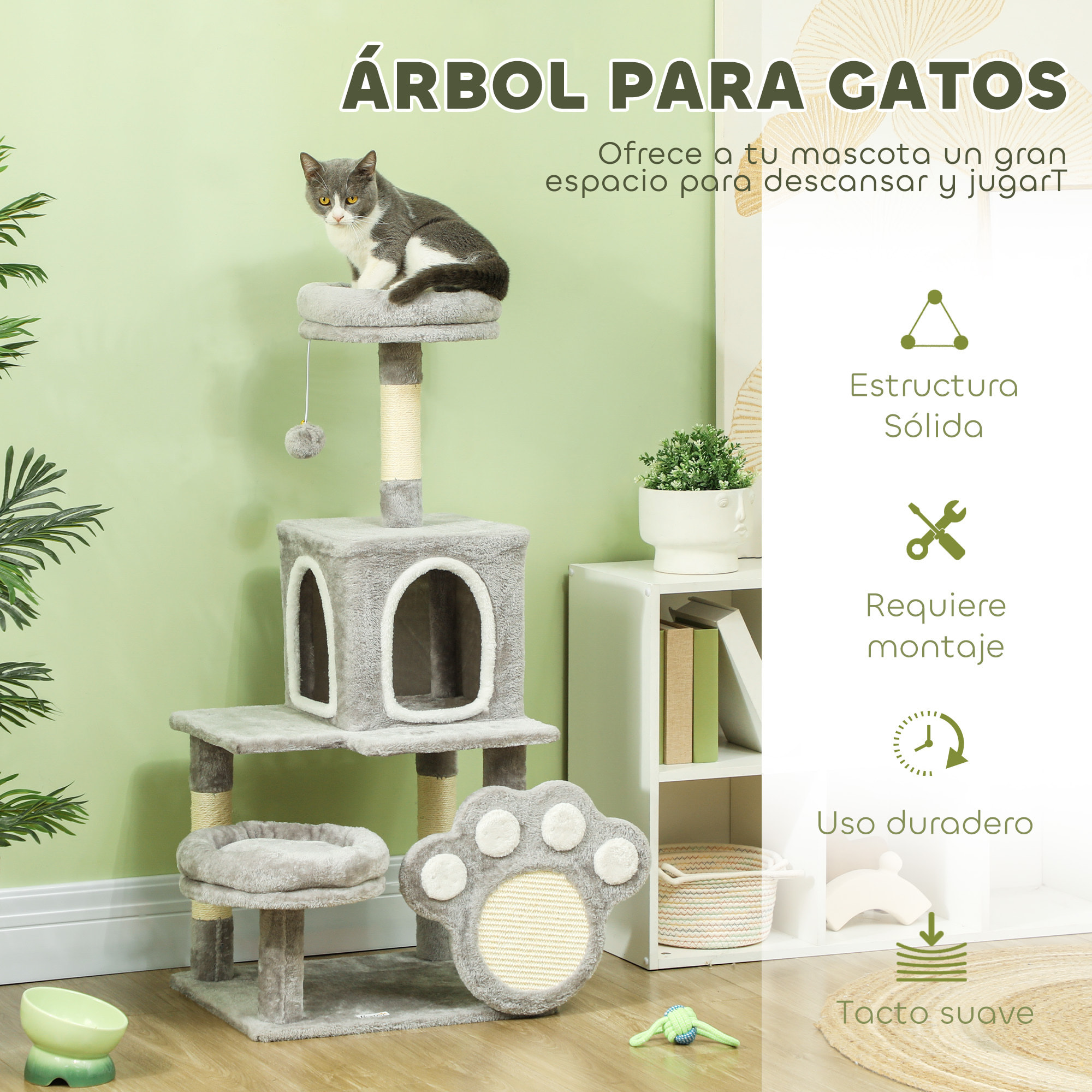 Árbol Rascador para Gatos 110 cm Árbol para Gatos Torre para Gatos con Nidos Cueva Plataforma Almohadilla de Rascado Bola Colgante Gris Claro