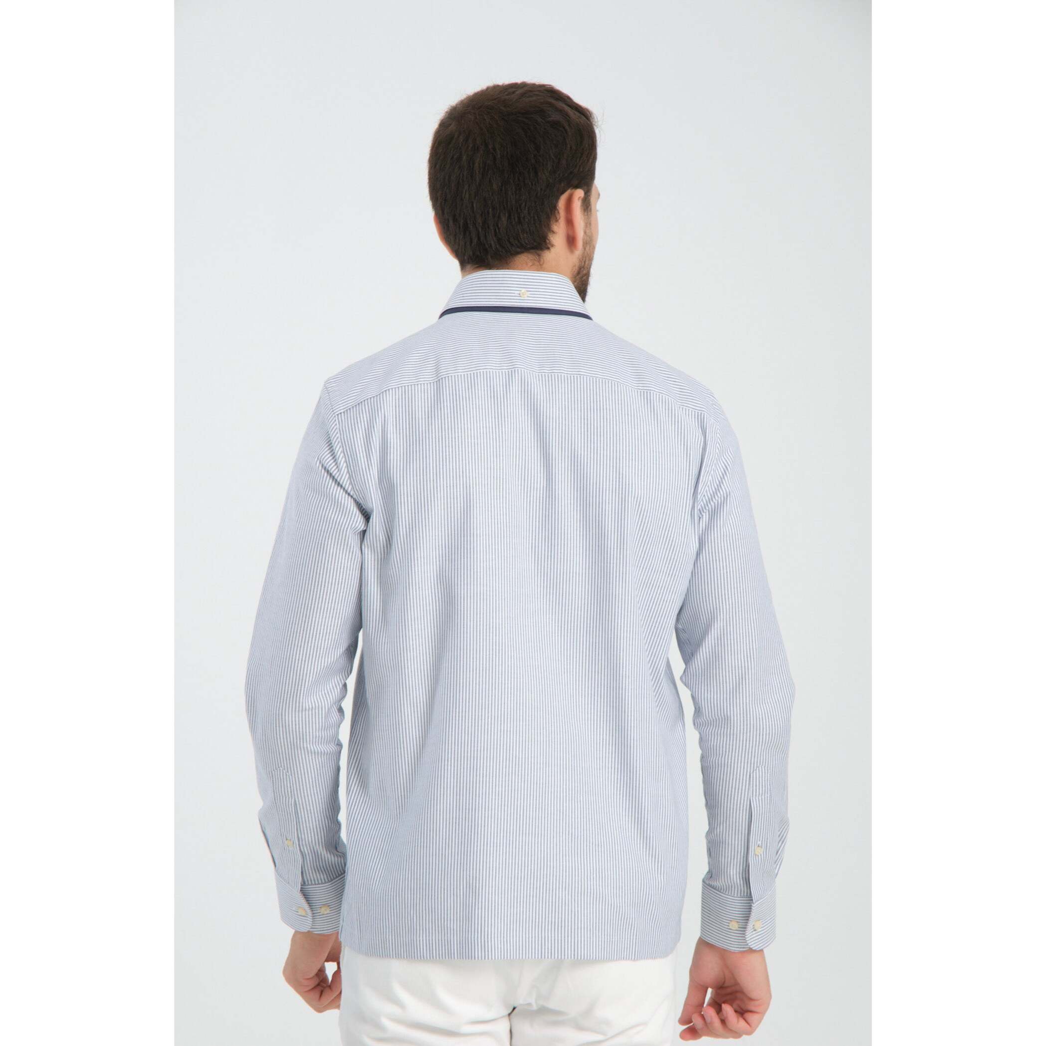 Camicia Uomo 1 Bottone Button Down Oxford Riga Stretta Blu\Bianco