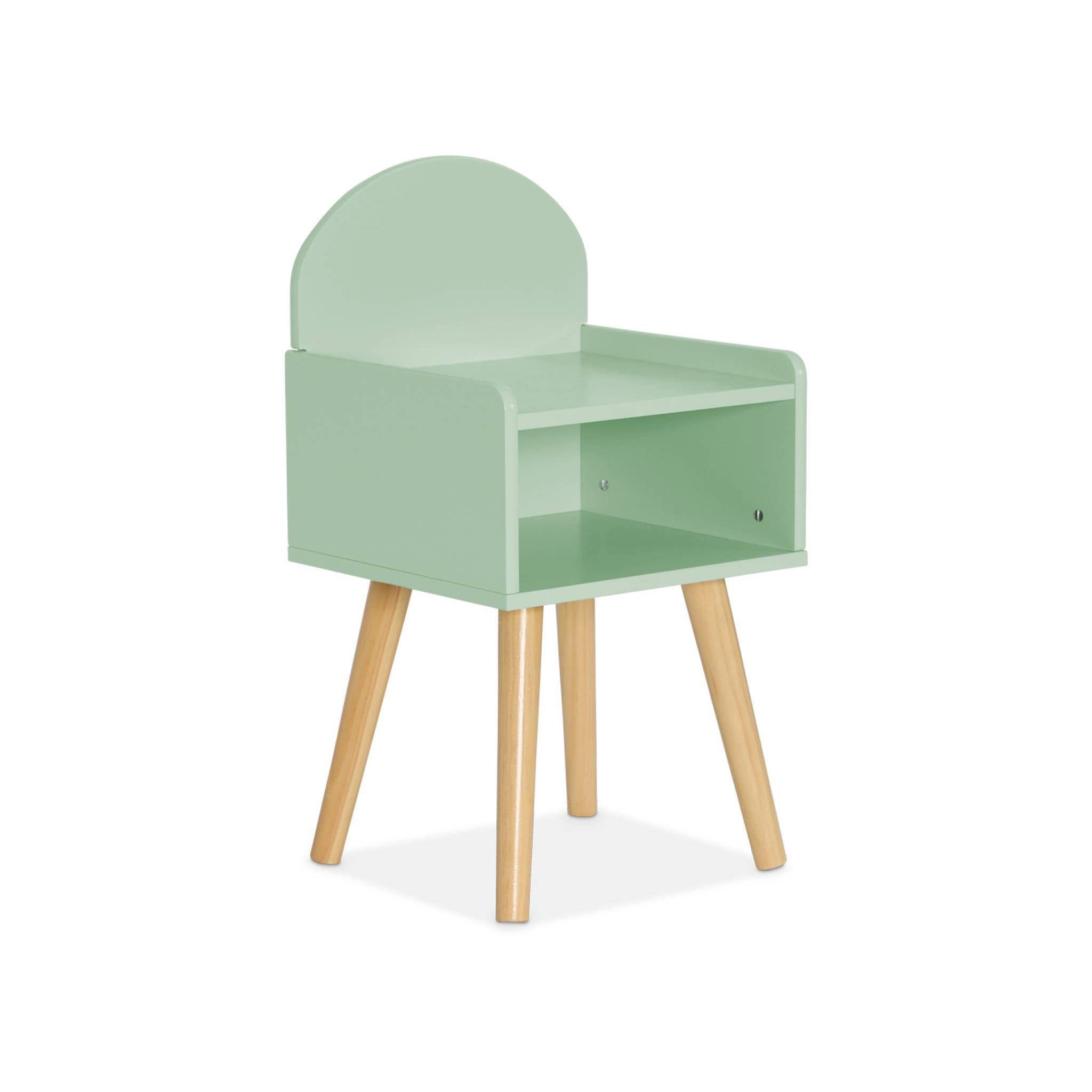 Table de chevet chambre enfant. vert. pieds en pin