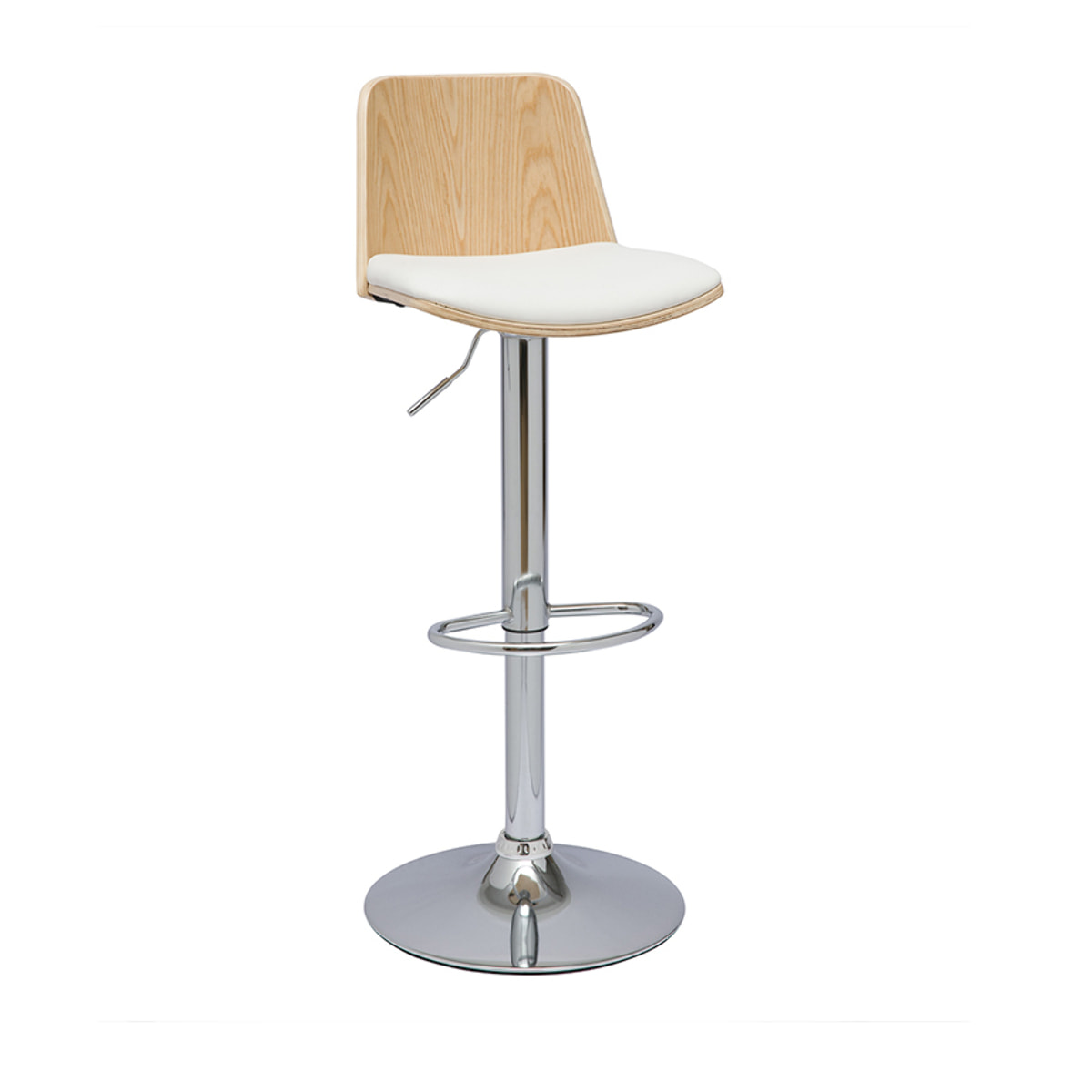 Tabouret de bar réglable blanc, bois clair et pied chromé DOA