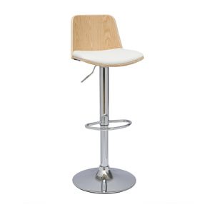 Tabouret de bar réglable blanc, bois clair et pied chromé DOA