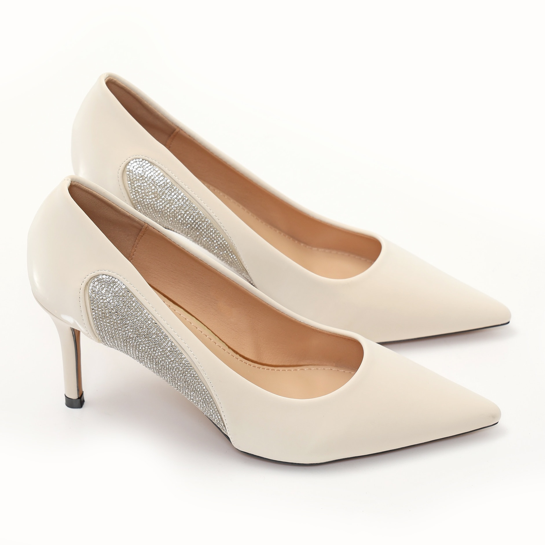 Dècolletè pumps in simil pelle verniciata con strass laterali