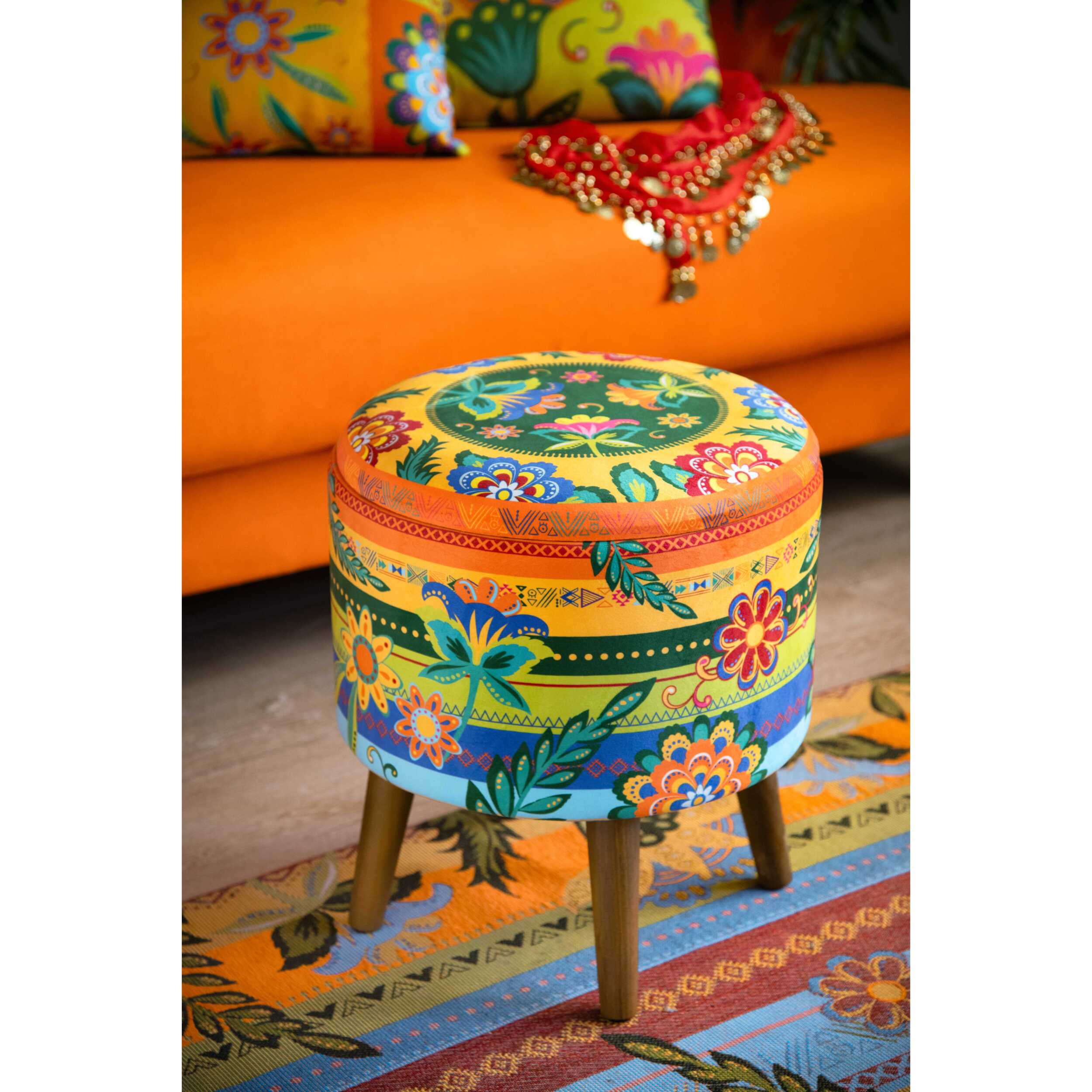Pouf contenitore Excelsa Gipsy Soul in velluto e legno 38x38x45 cm multicolore