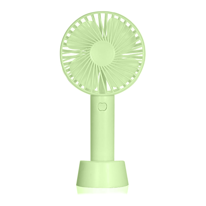 Mini ventilatore portatile con batteria e supporto da scrivania.