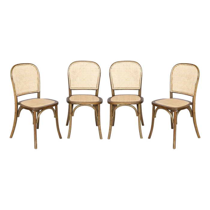 Lot de 4 chaises vintage en bois avec assise et dossier en rotin. coloris marron vieilli. L 44.5 x P 48 x H 89.5cm