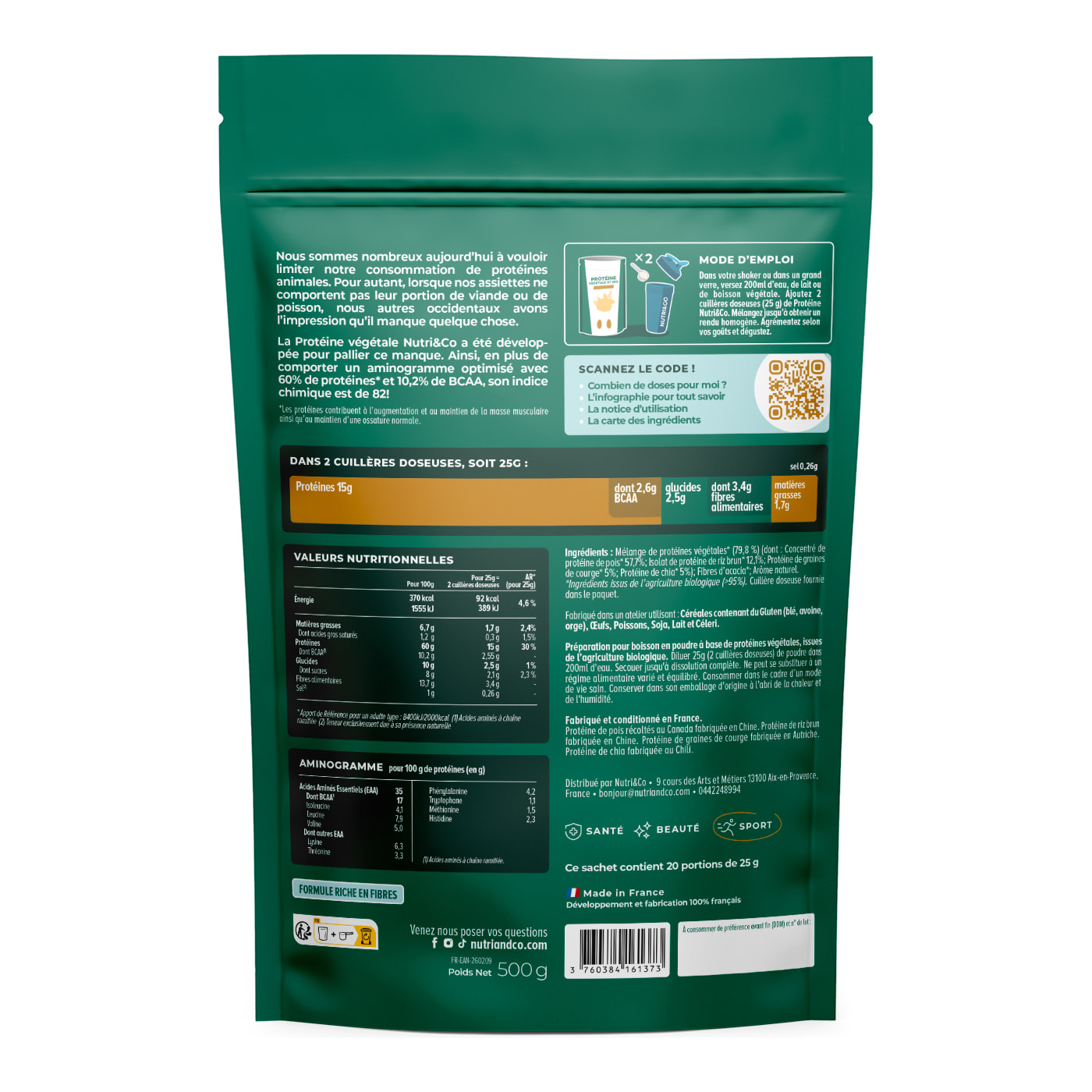 Nutri&Co Protéine Vegétale & Bio - 4 Sources : Pois, Riz, Chia et Courge - 500g goût Neutre