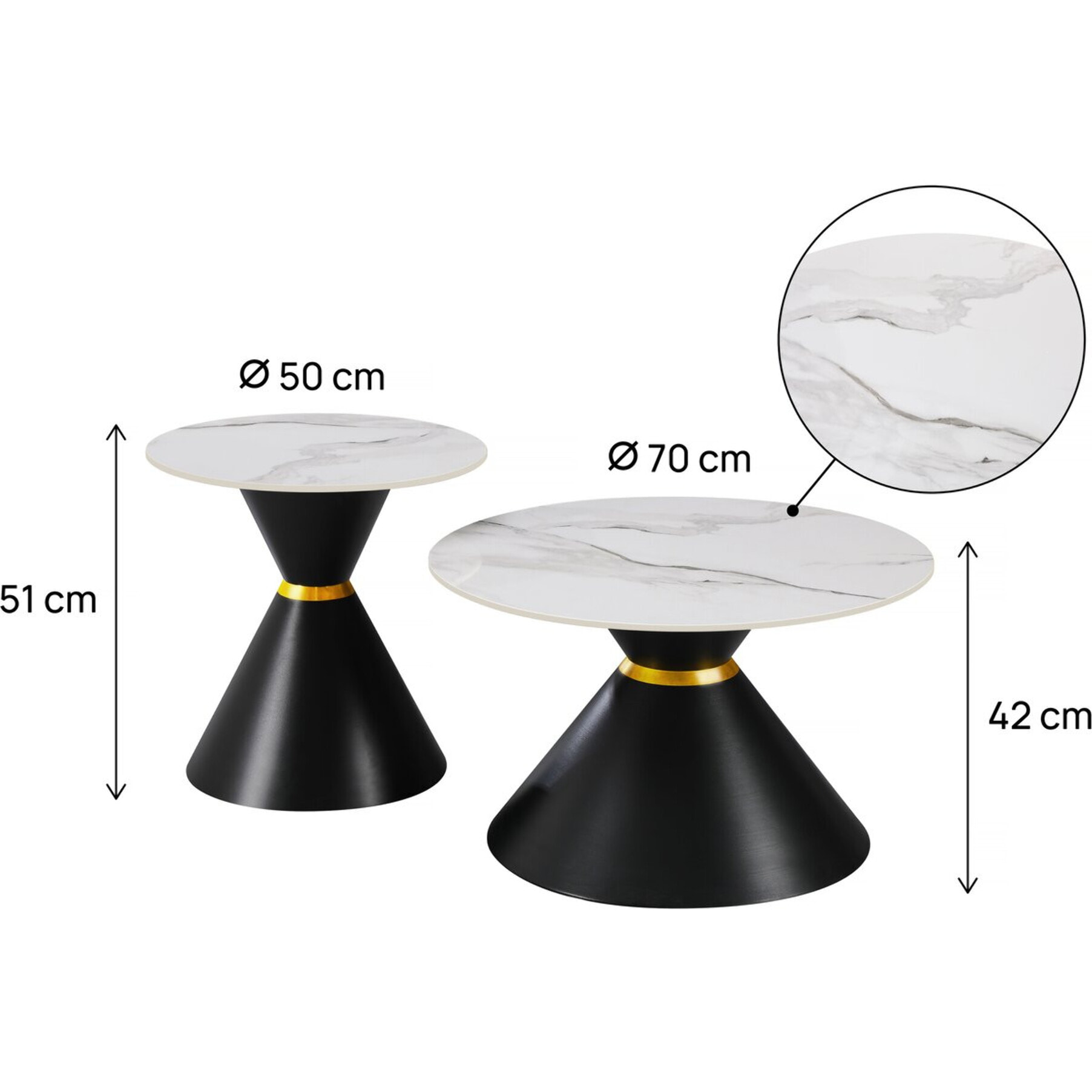 Lot de 2 tables basses gigognes en céramique "Lune" - 70 x 70 x 42 cm - Gris/Blanc