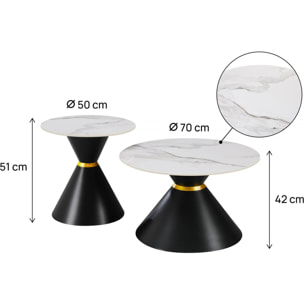 Lot de 2 tables basses gigognes en céramique "Lune" - 70 x 70 x 42 cm - Gris/Blanc