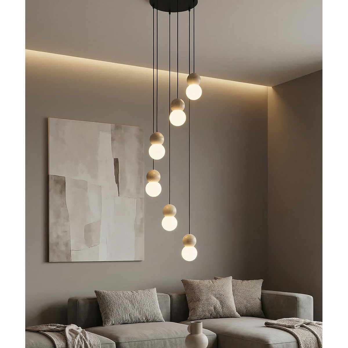 Lampada a sospensione LOOP in acciaio nero e legno naturale
