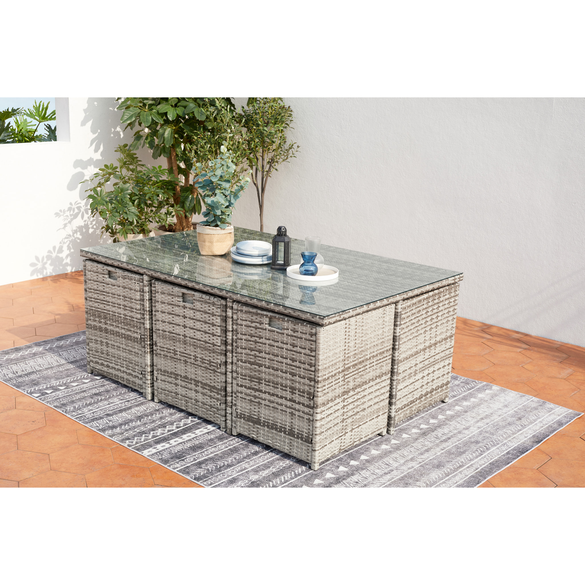 Salon de jardin encastrable 6 personnes en résine tressée gris REGINA