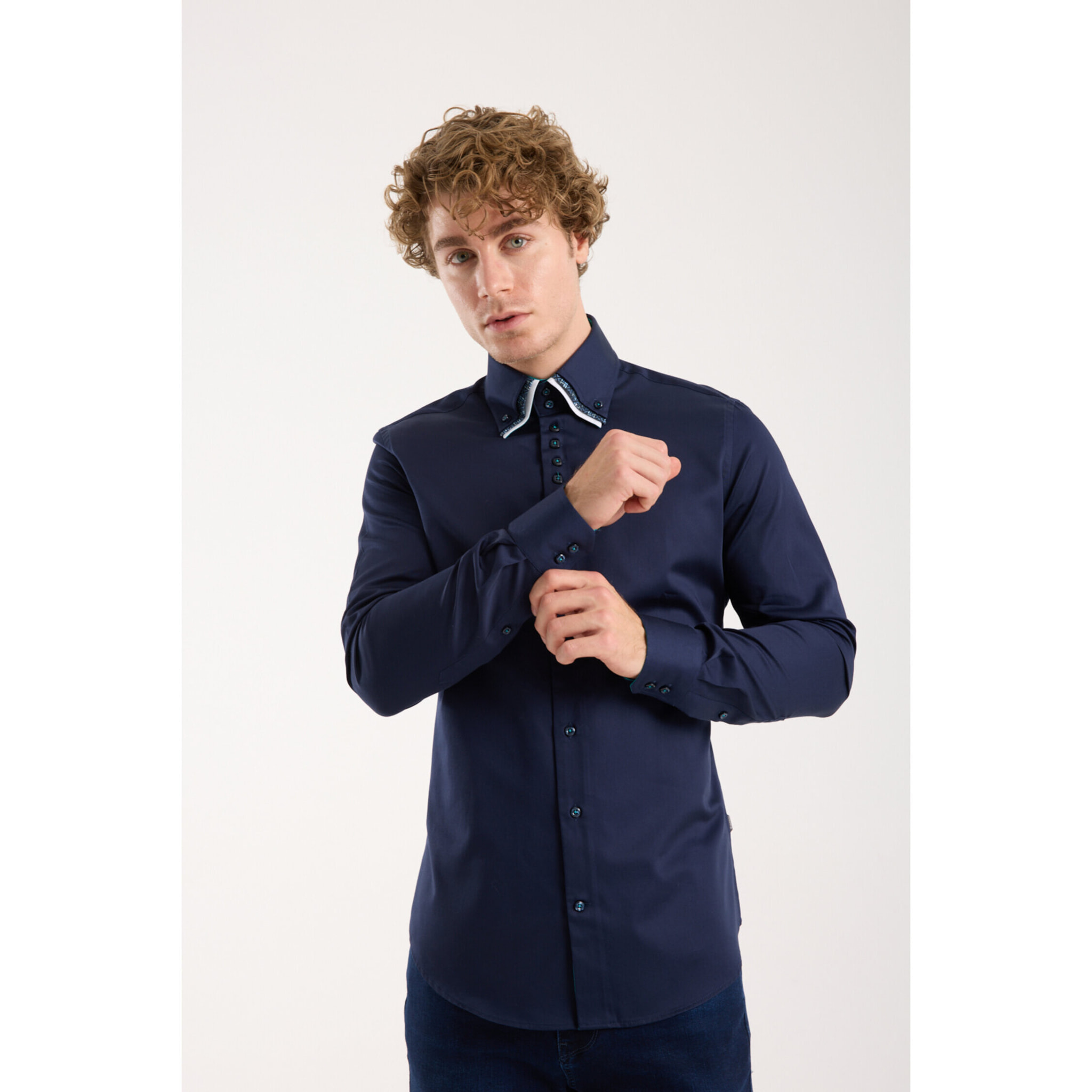 Camicia Uomo 2 Bottoni Button Down Triplo Collo Slim Satin Unito Blu