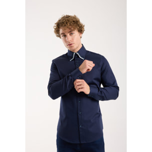 Camicia Uomo 2 Bottoni Button Down Triplo Collo Slim Satin Unito Blu
