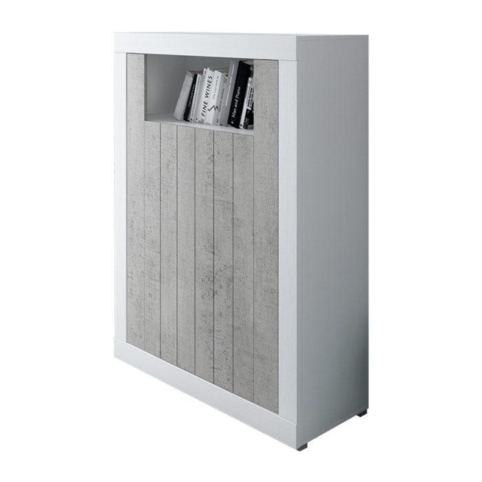 Credenza Alta con 2 Ante Vano A Giorno Madia Soggiorno Cucina Mobile Moderno Multi Spazio e Ripiani Credenza 110x144x42 Cm Bianco e Grigio Cemento