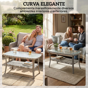 Mesa de Jardín Exterior de Ratán con Estante, Mesita Auxiliar de Jardín Rectangular, Tablero de Vidrio Templado con Ondas, Estructura de Acero, para Terraza, Patio, 90x50x45 cm, Gris Oscuro