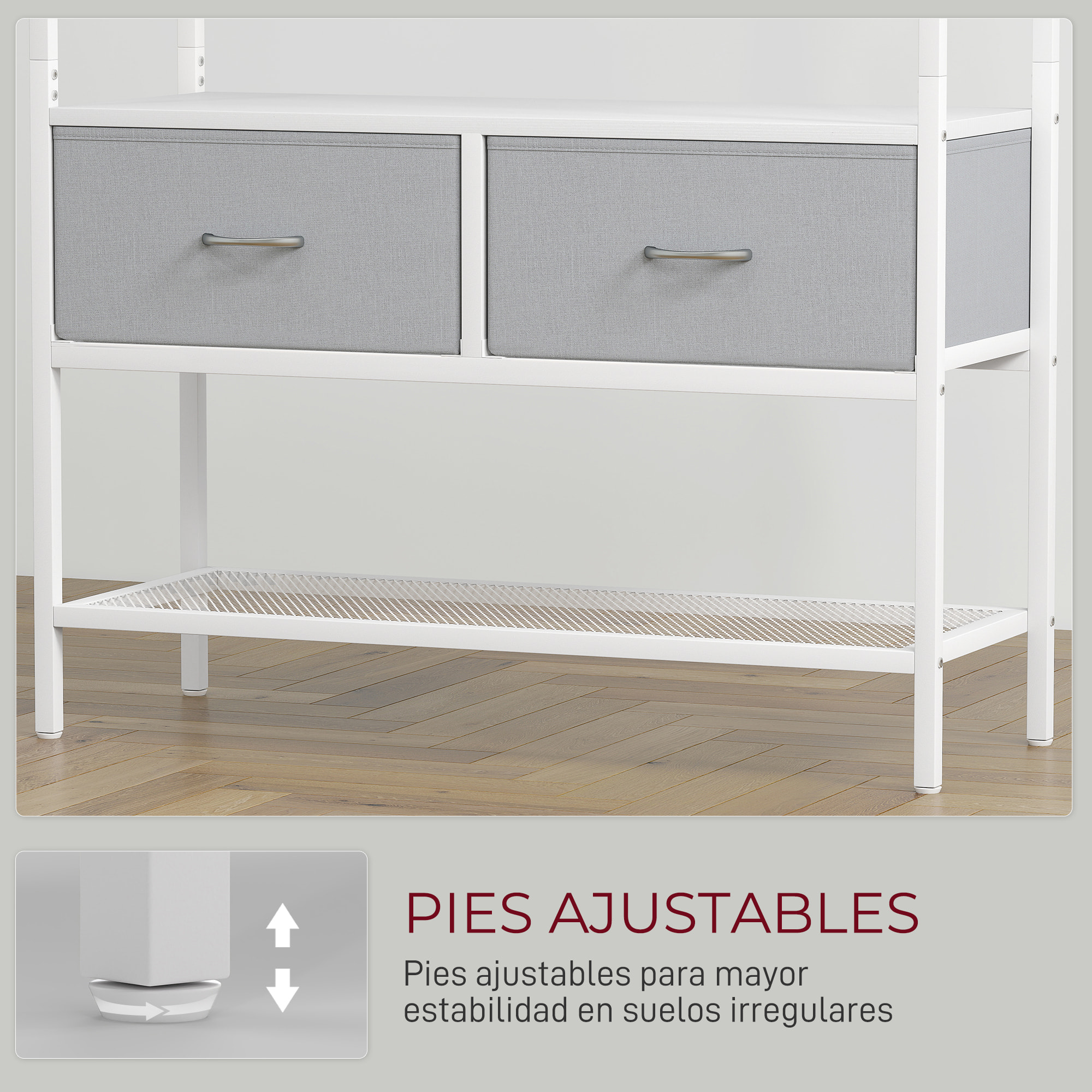 Perchero Zapatero Perchero Entrada Recibidor con Zapatero 8 Ganchos 2 Cajones de Tela Barra Estante de Malla Estilo Industrial para Pasillo Dormitorio Salón 80x30x180,5 cm Blanco