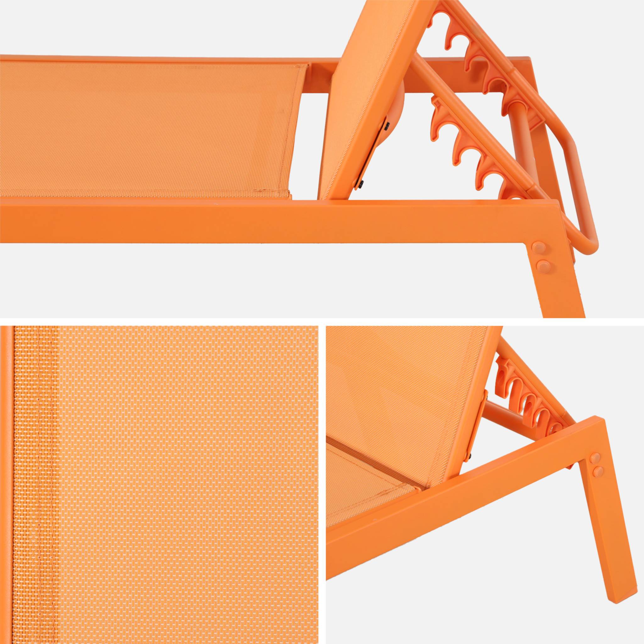 Lot de 2 transats. 5 positions. en textilène orange et métal L155 x P59 x H106cm