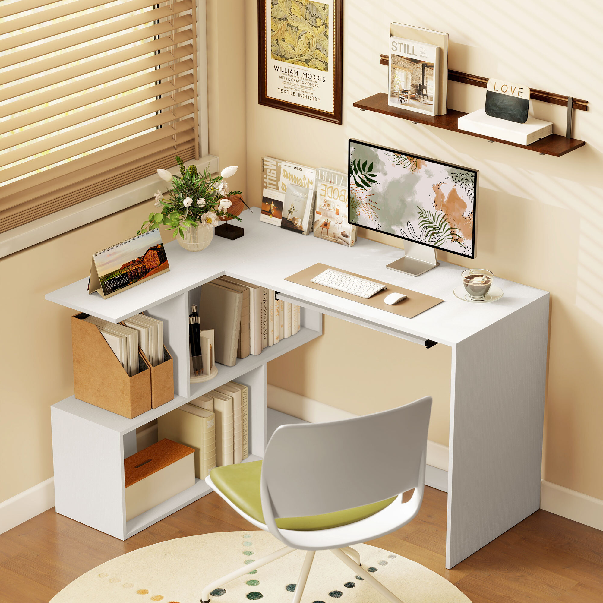 Bureau informatique - bureau d'angle 120 x 100 cm - tablette coulissante clavier, 4 niches - effet bois blanc