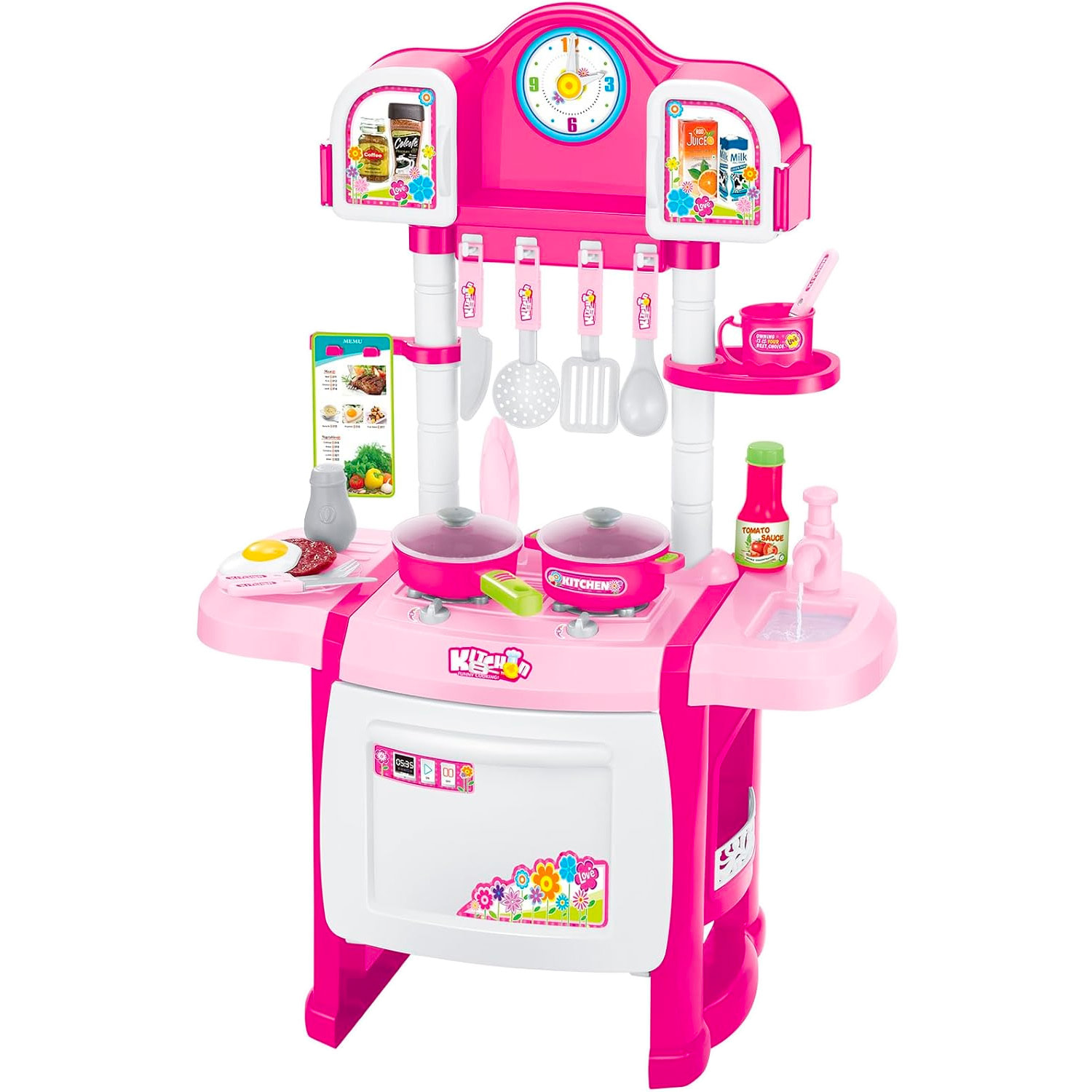 Cucina Giocattolo Per Bambini Con Luci E Suoni Realistici 18 Accessori Rubinetto Con Riciclo Dell'Acqua Set Cucina Educativo 3–8 Anni Rosa E Bianco