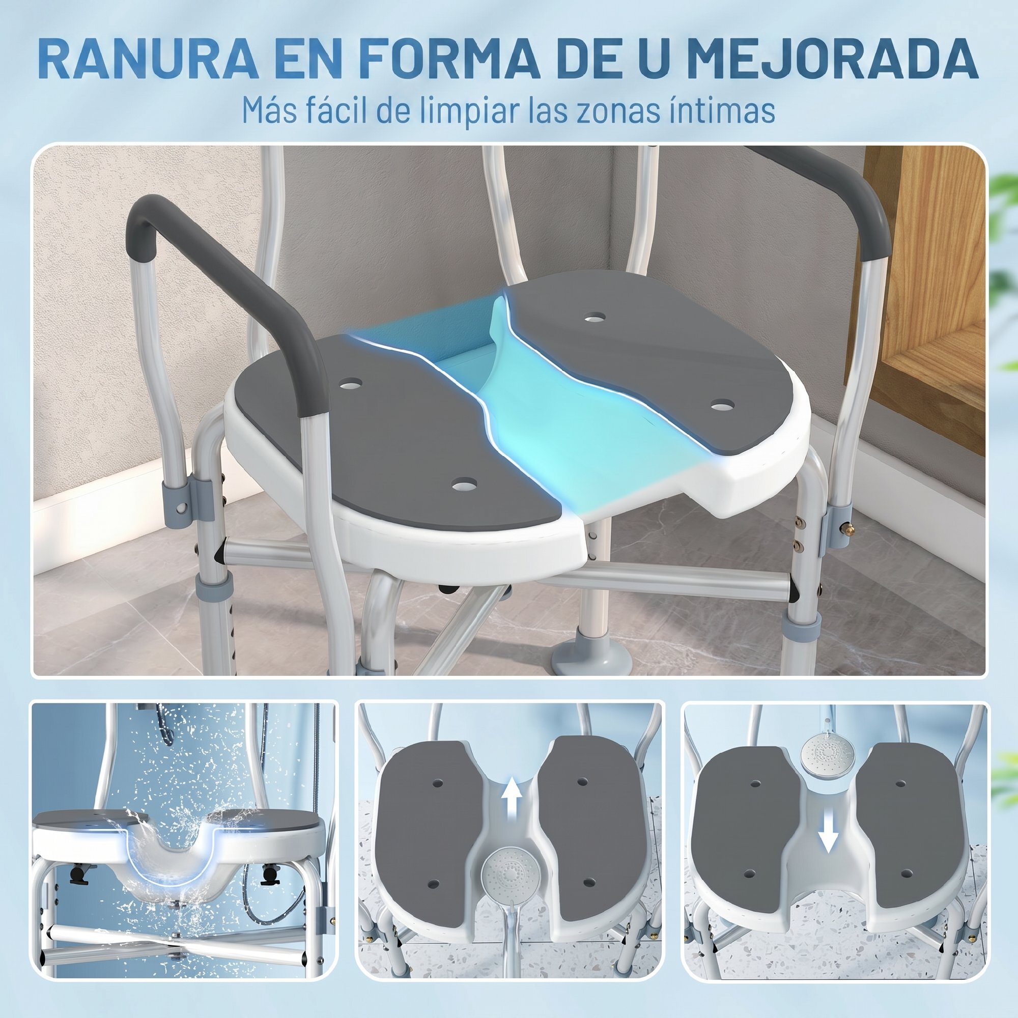 Silla Ducha Personas Mayores, Silla de Ducha con Asiento Ranurado, Altura Regulable, Taburete de Baño Antideslizante con Respaldo y Reposabrazos, Carga 136 kg, para Discapacitados, Gris