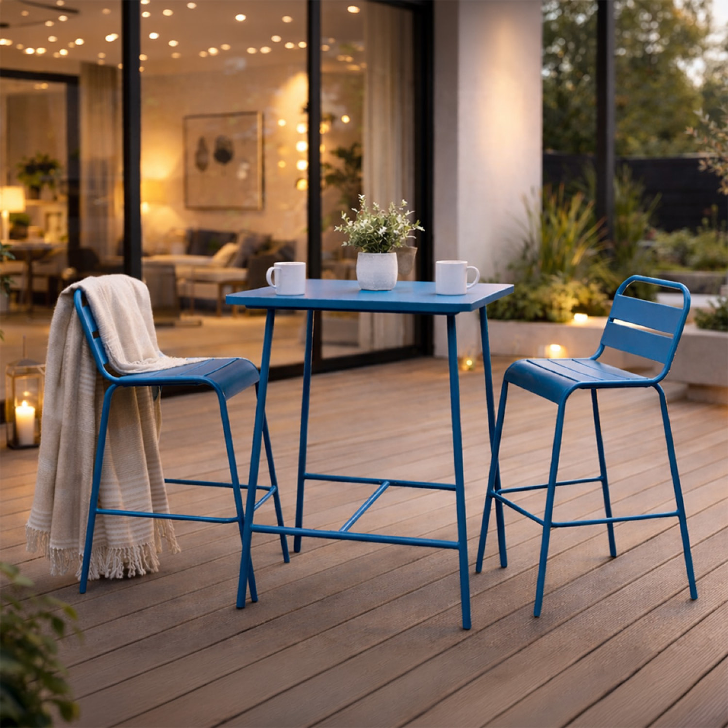 Ensemble table de bar et 2 chaises hautes d'extérieur bleu EVORA