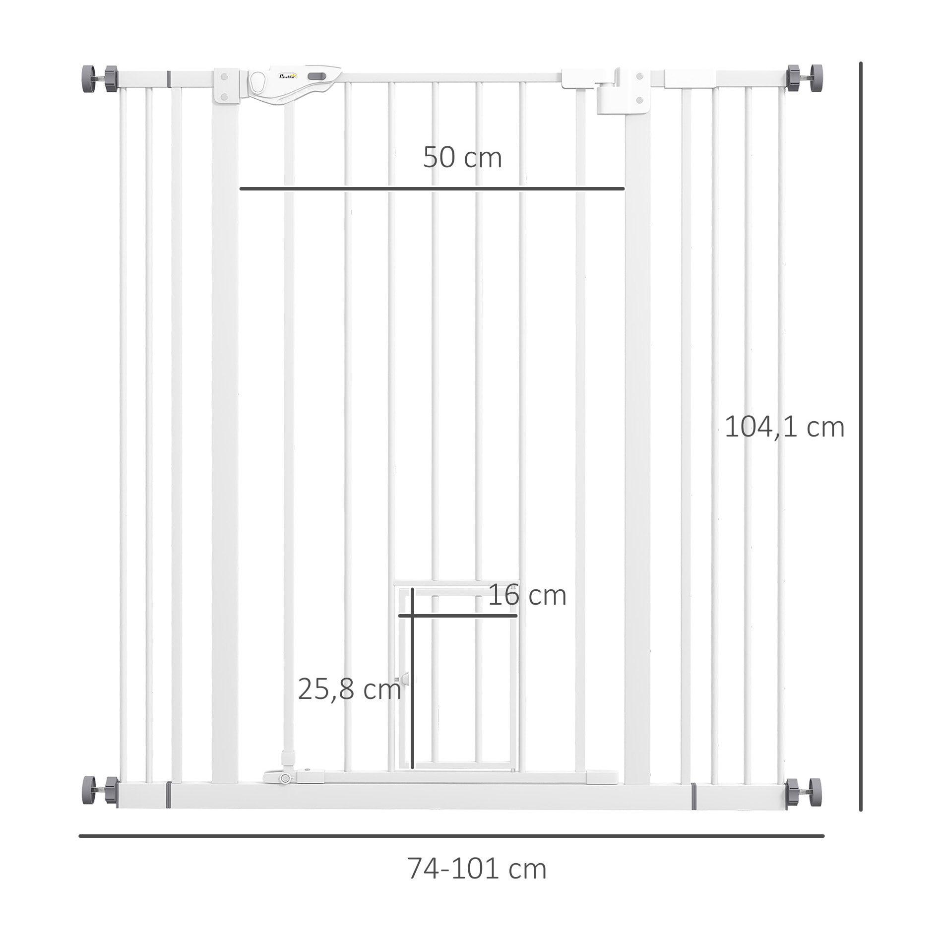 Barrera de Seguridad para Perros con 1 Puerta Pequeña Barrera para Mascotas Extensible con Cierre Automático y Sistema de Doble Bloqueo para Puerta Pasillo Escalera 74-101x104,1 cm Blanco