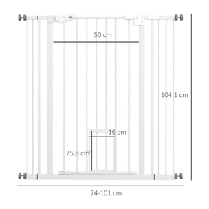 Barrera de Seguridad para Perros con 1 Puerta Pequeña Barrera para Mascotas Extensible con Cierre Automático y Sistema de Doble Bloqueo para Puerta Pasillo Escalera 74-101x104,1 cm Blanco