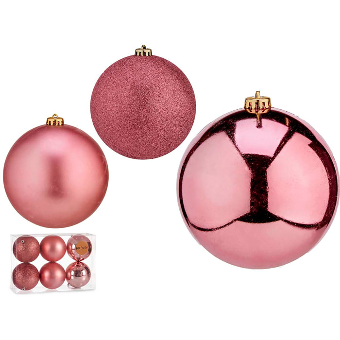 Set di 6 palline di Natale di 10 cm di colore rosa, assortite in 3 design: semplice, lucido e con texture.