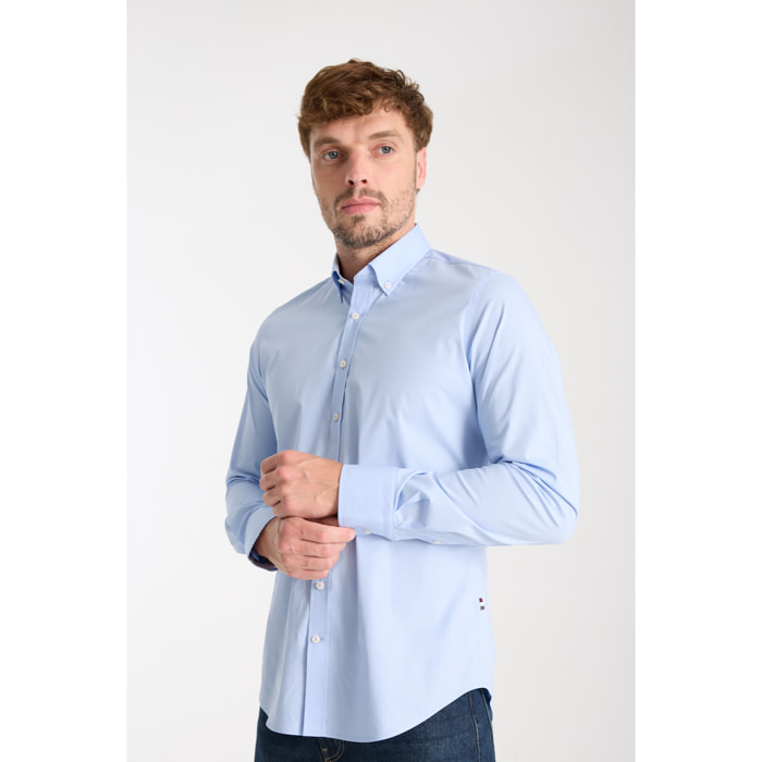 camicia uomo 1 bottone button down slim Popeline Stretch Unito Celeste