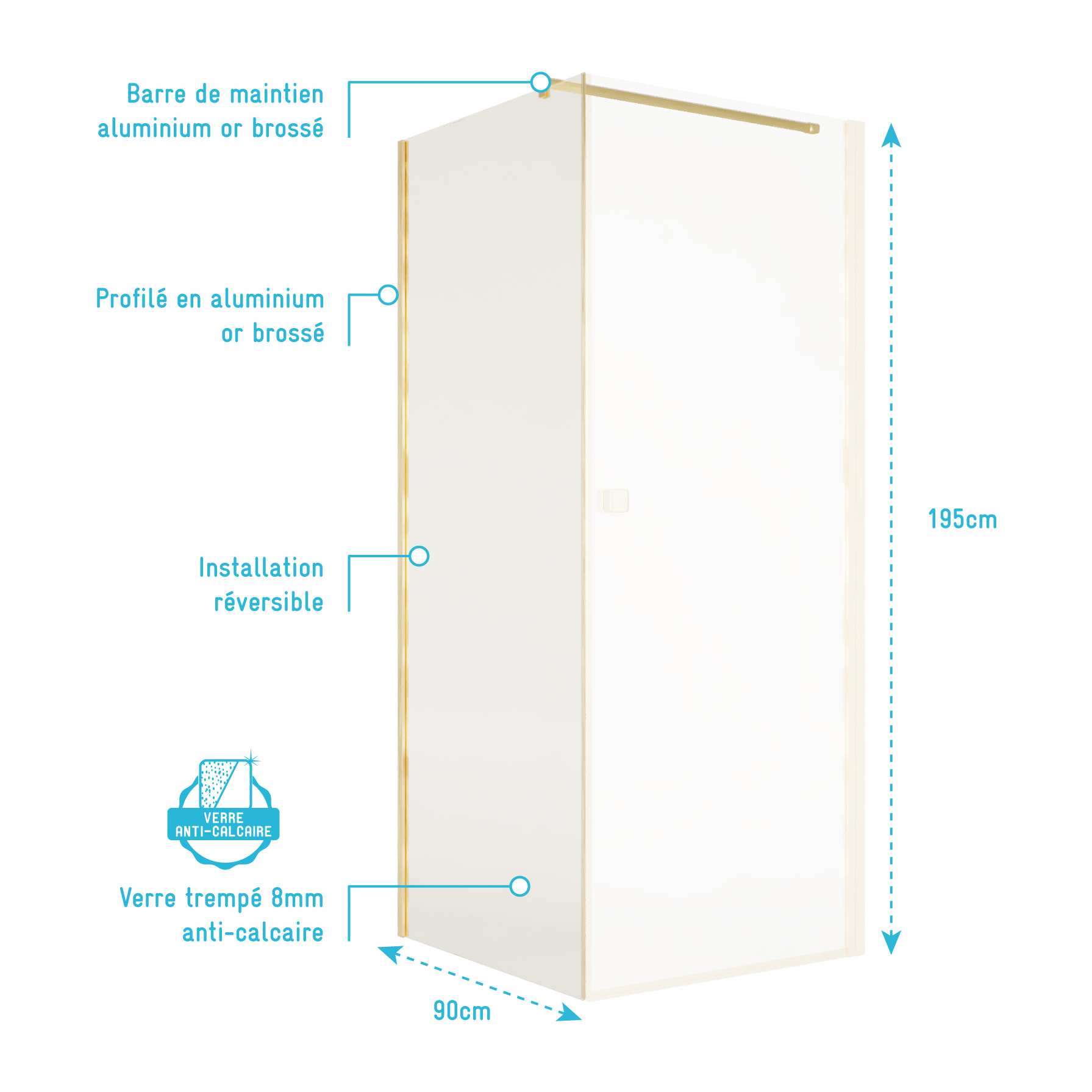 Retour pour Porte de Douche 80x195cm Verre Trempe 8mm Anticalcaire - Alu Or Brosse - GOLD ELEMENTARY