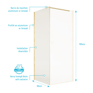 Retour pour Porte de Douche 80x195cm Verre Trempe 8mm Anticalcaire - Alu Or Brosse - GOLD ELEMENTARY
