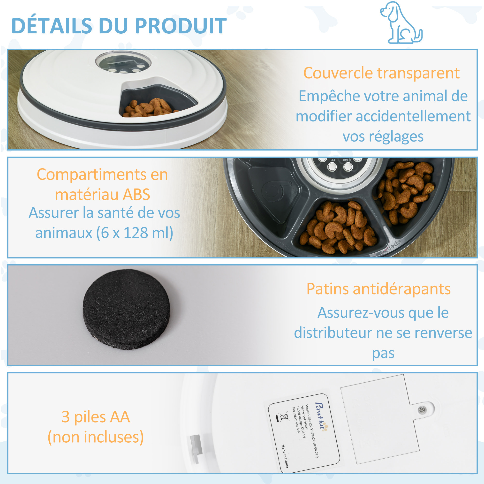 Distributeur de nourriture chat chien - distributeur automatique programmable - 6 compartiments - écran LED - fonction musicale intégrée - ABS gris blanc