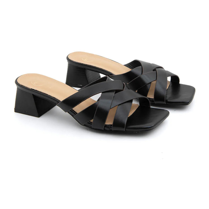 Sabot cross-band con tacco quadrato - NERO