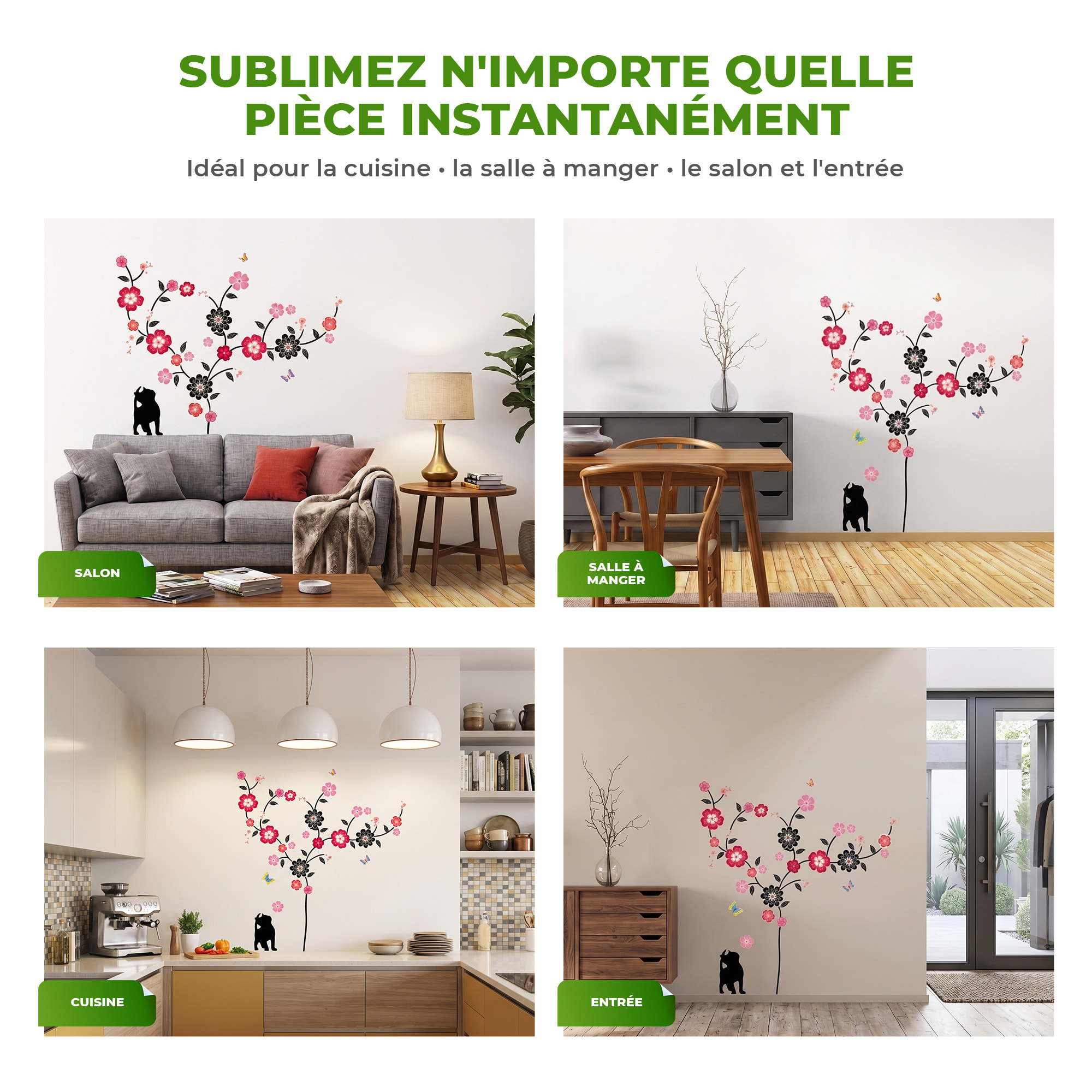Stickers Muraux décoration adhésifs arbre en fleur, chat et papillons