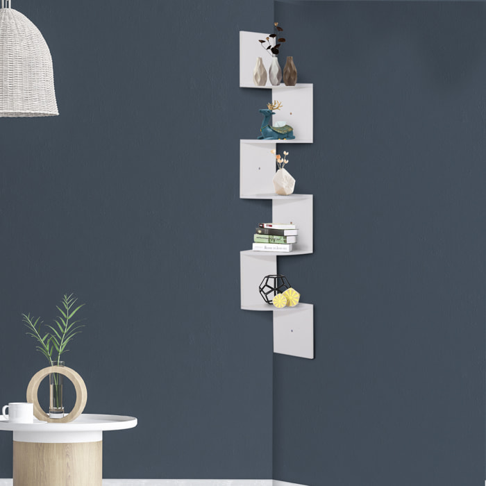 Étagère d'angle étagère de rangement design contemporain zig zag 20L x 20l x 126H cm 5 niveaux panneaux de particules blanc