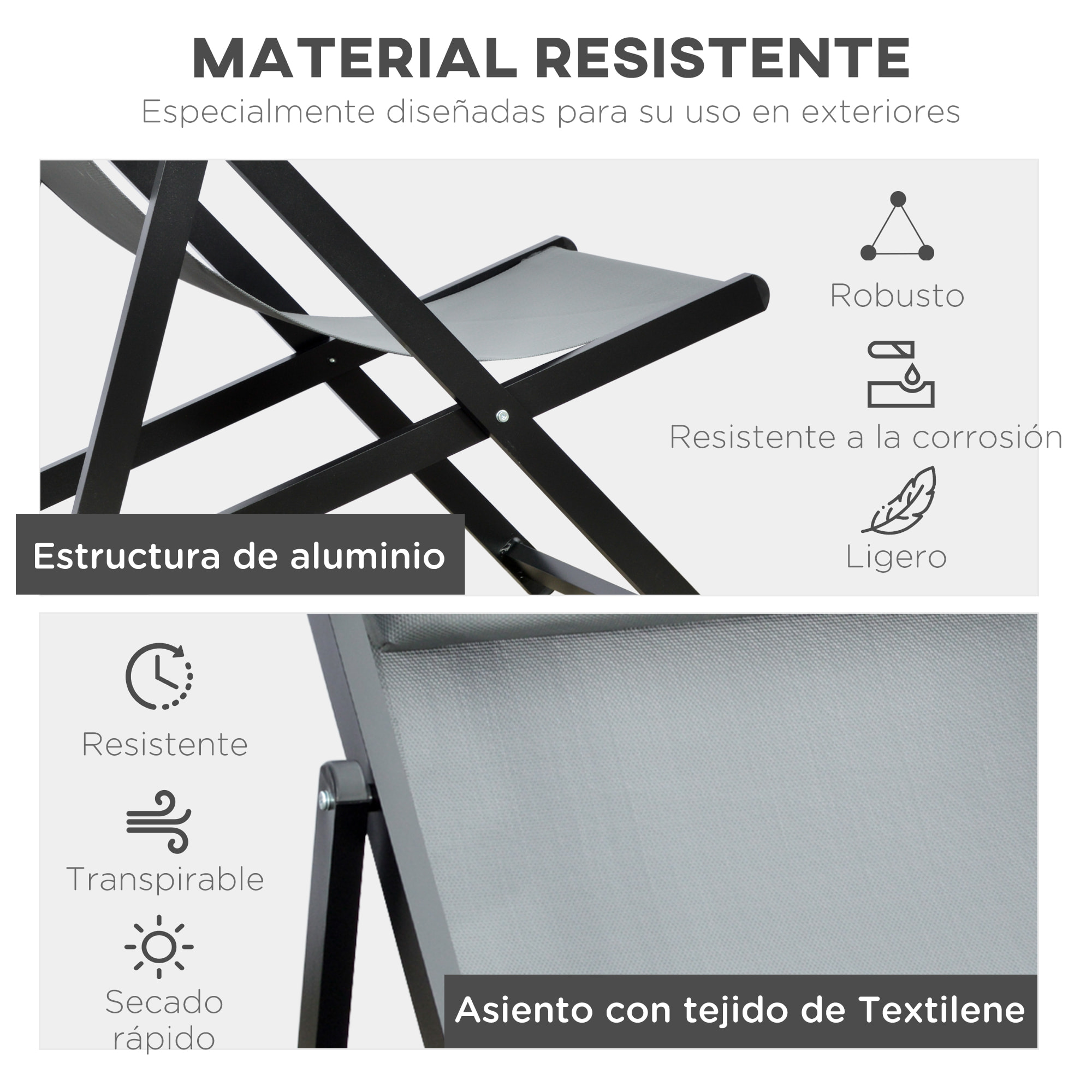 Conjunto de 2 Tumbonas Plegables de Aluminio Tumbonas de Jardín con Respaldo Regulable en 5 Posiciones y Reposacabezas para Terraza Patio Exterior 58x96,5x91,5 cm Gris