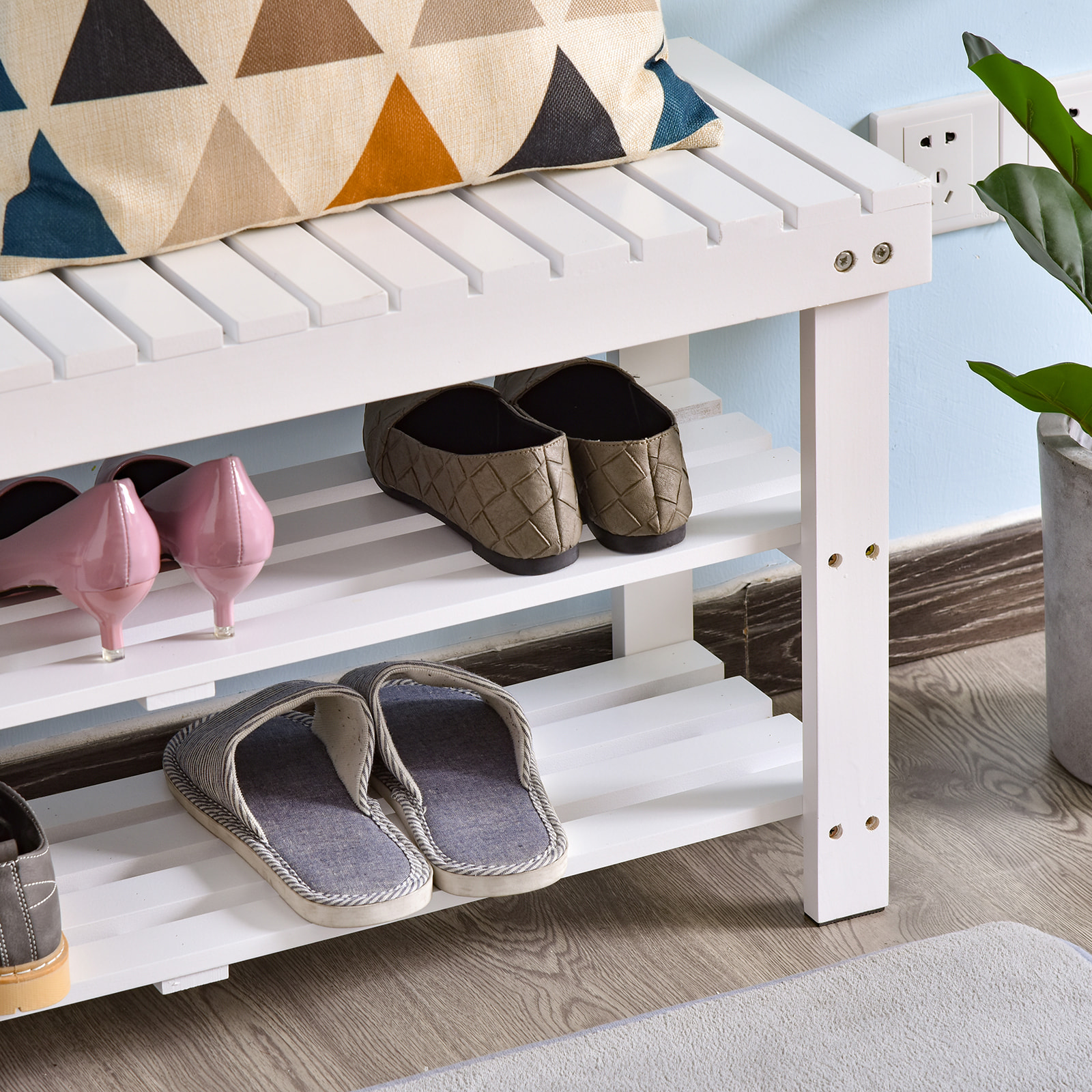 Banc à chaussures - 2 étagères, petit coffre de rangement - dim. 90 x 29 x 45 cm - MDF bois blanc