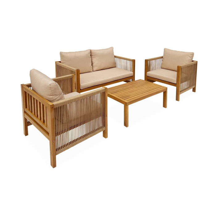 Salon de jardin ALCIRA 4 places en bois d'acacia et cordes beiges et coussins beiges. 1 canapé 2 pl + 2 fauteuils + 1 table basse