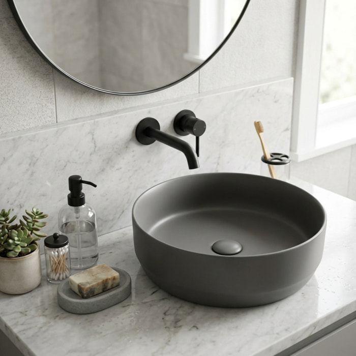 Vasque à poser ronde en céramique diamètre 39 cm - gris mat - sans trop-plein - SAT Infinitio