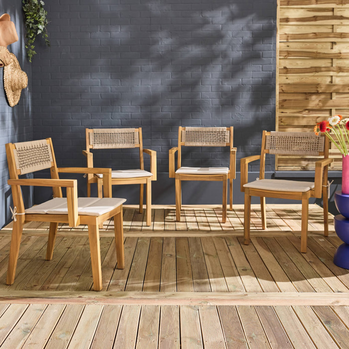 Lot de 4 fauteuils de jardin beige GALENA bois d'acacia avec coussin et corde. 59 x 55 x 81 cm