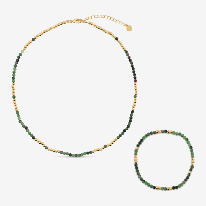 Set Collana e Bracciale Elastico con Pietre Naturali Verdi e Bead Lucide