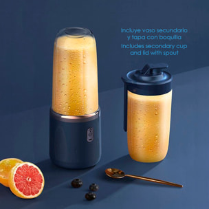 Frullatore elettrico doppio J001, portatile e ricaricabile, 400ml, 6 lame in acciaio, 21.000rpm e spegnimento automatico. Include 1 bicchiere frullatore aggiuntivo.