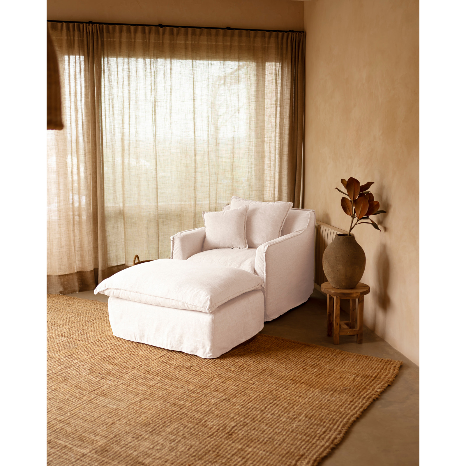 Puf de algodón y lino desenfundable tono blanco de 90x72cm Alto: 47 Largo: 90 Ancho: 72